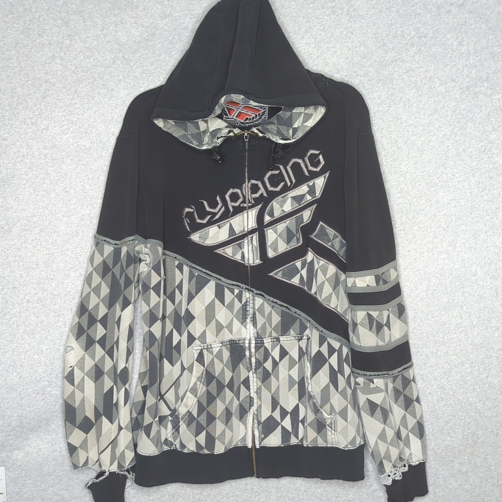 VTG FLY Racing Kinetic AOP Graphic Zip Hoodie Mens M‎ Gray Black Grunge Destroy